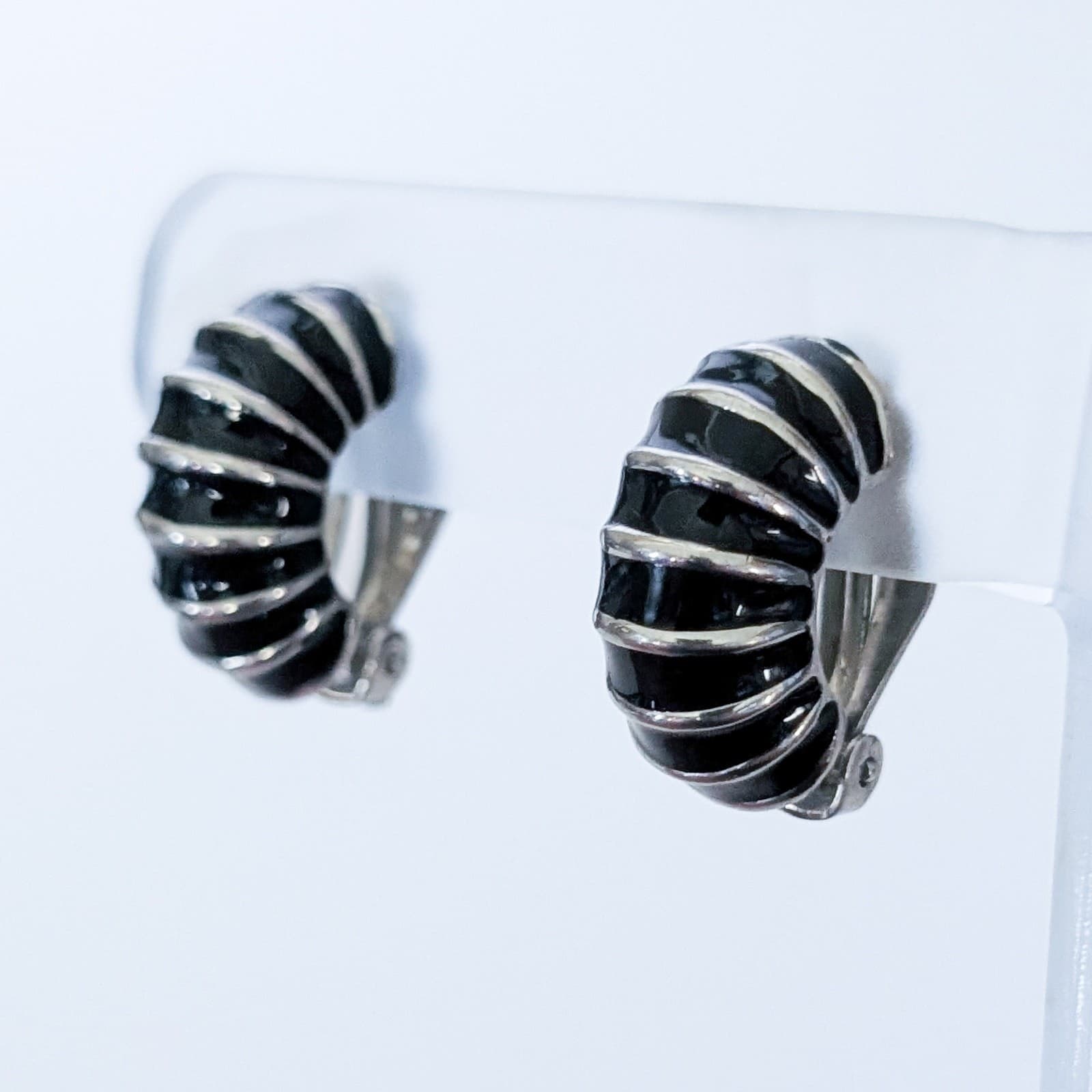 Vintage Clip On Earrings Silver Tone & Black Enamel Hoop Like 7/8"