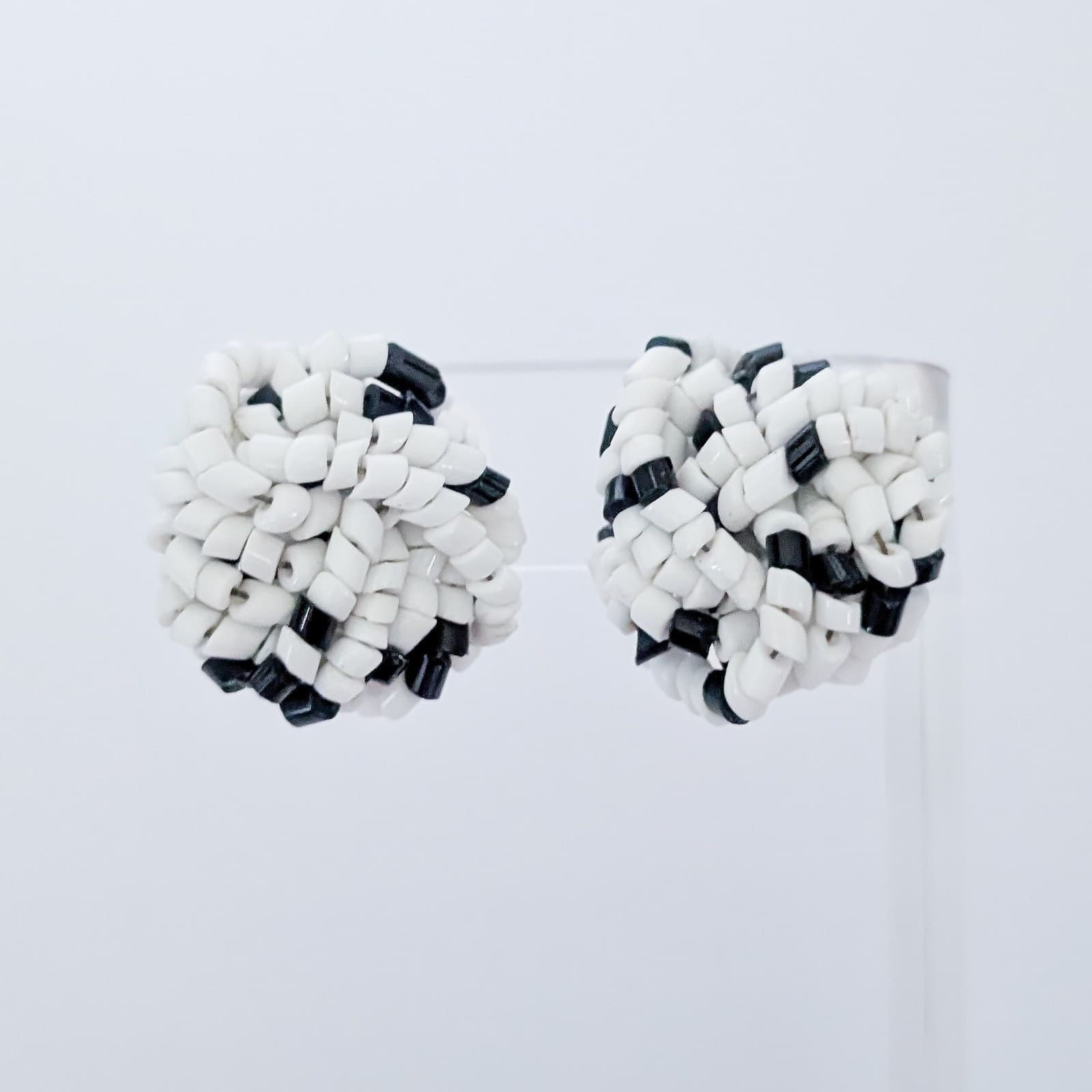 Vintage Clip On Earrings Black & White Large Beaded Cluster