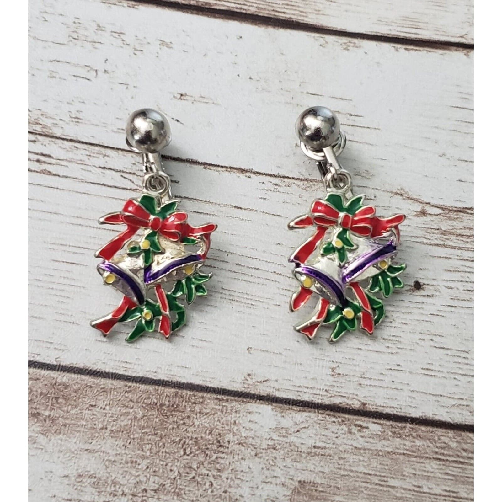 Vintage Clip On Earrings - Christmas Bells & Bow 1.5"