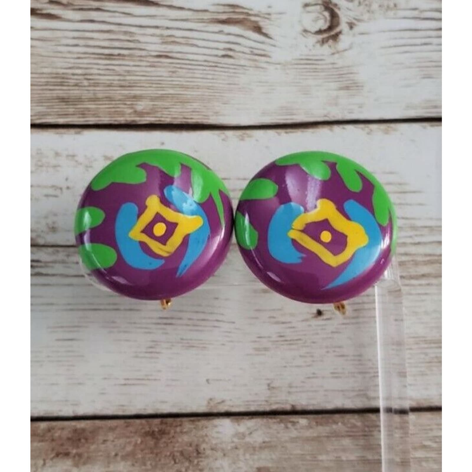 Vintage Clip On Earrings - Colorful Green, Purple, Blue, Yellow Large