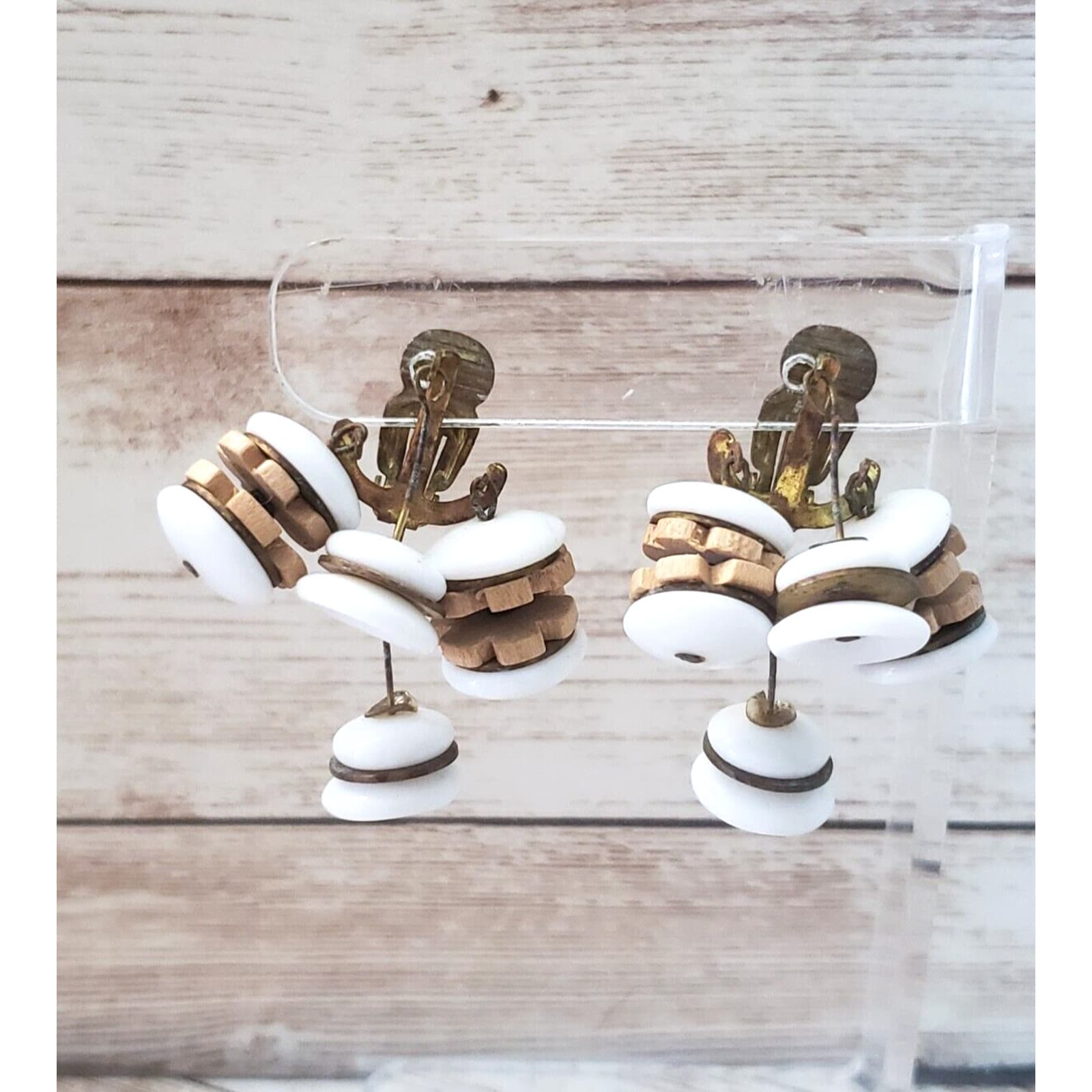 Vintage Clip On Earrings - White & Tan Statement Dangle