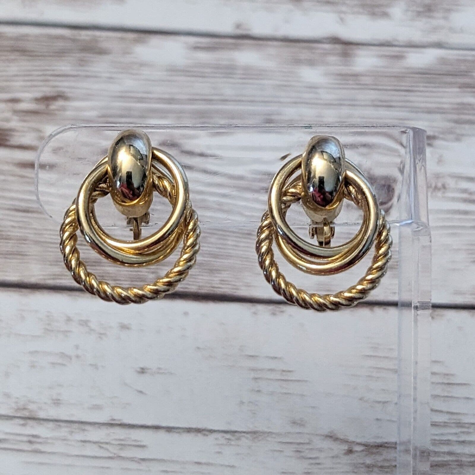 Vintage Clip On Earrings - Statement Gold Tone Circle Design
