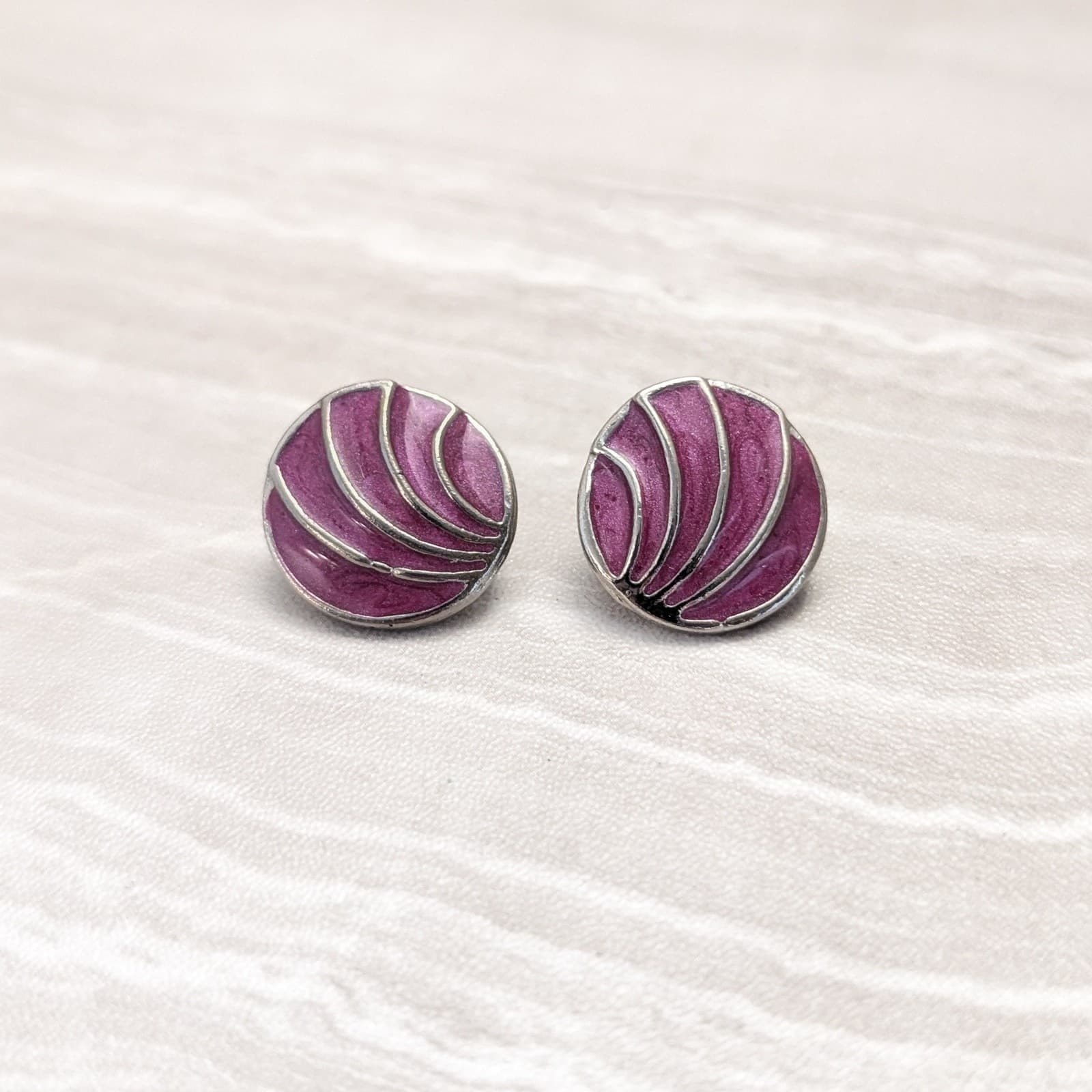 Vintage Stud Earrings Retro Dark Pink? Dark Fuchsia? & Silver Tone