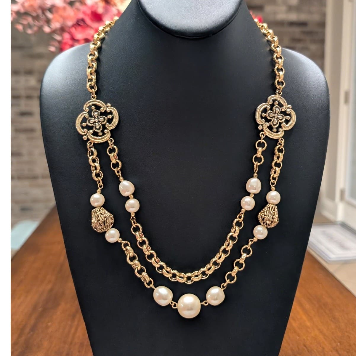 Vintage Signed Dauplaise Gold Tone Necklace Two Layer Statement Necklace