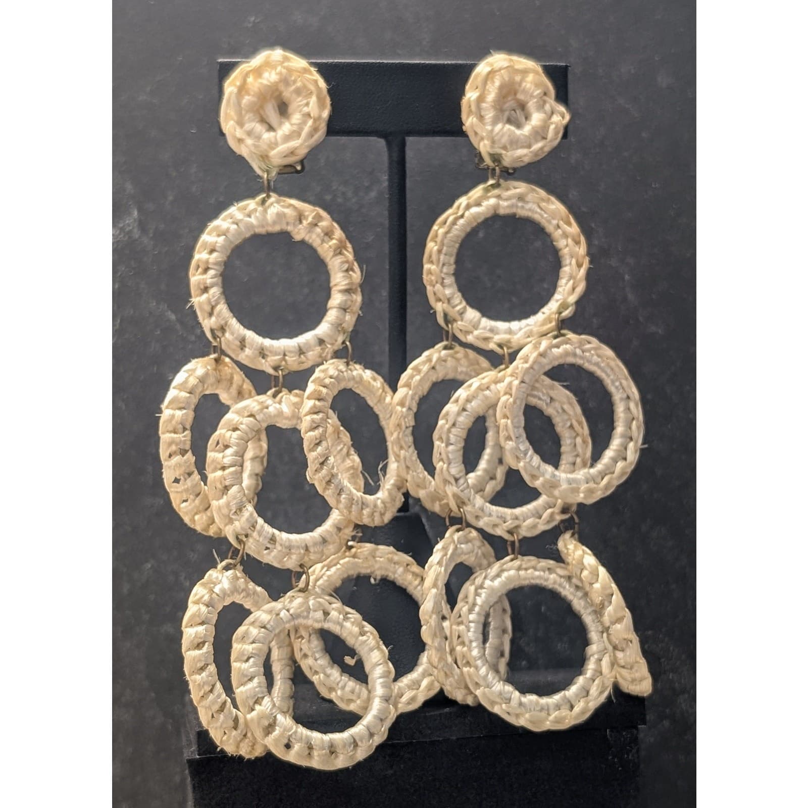 Vintage Clip On Earrings Extra Long 5 & 1/8" Cream Dangle Statement Earrings