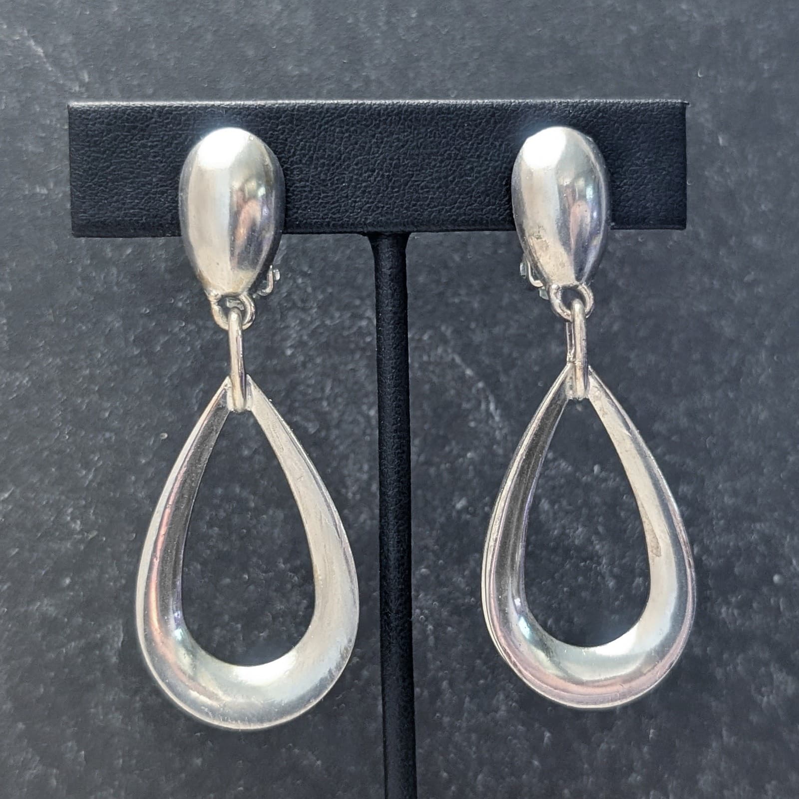 Vintage Clip On Earrings Large Unusual Silver Tone Dangle Drop Stylish Earrings