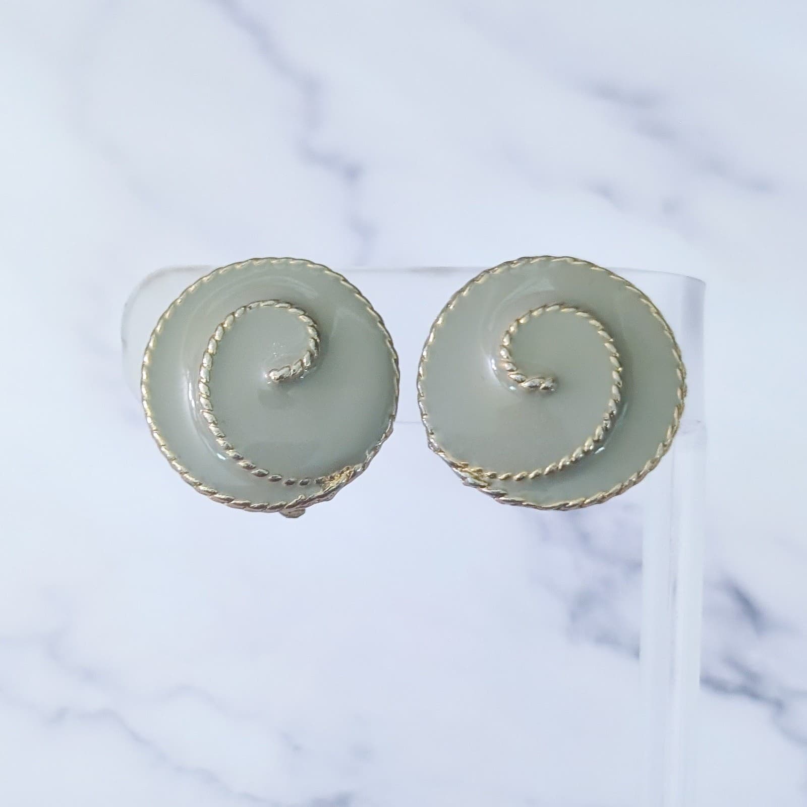 Vintage Clip On Earrings Muted Green & Gold Tone Retro Statement 1"