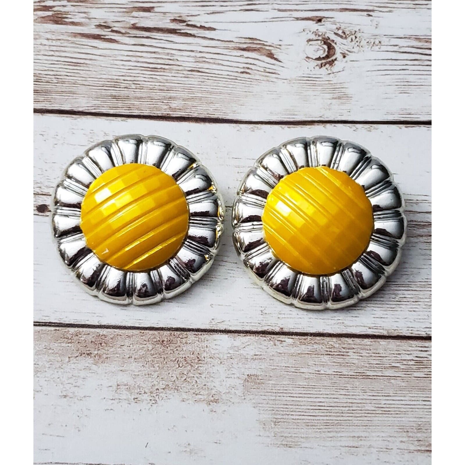 Vintage Clip On Earrings Large Statement 1.75" Unusual Yellow With Halo