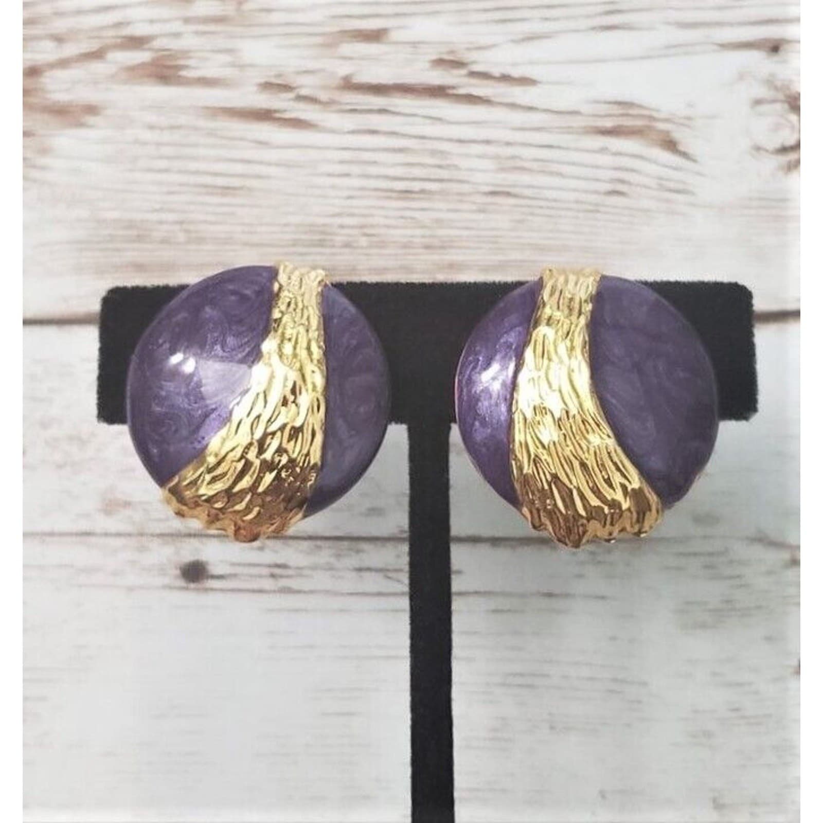 Vintage Clip On Earrings Dark Violet Tone & Gold Tone Circle Statement