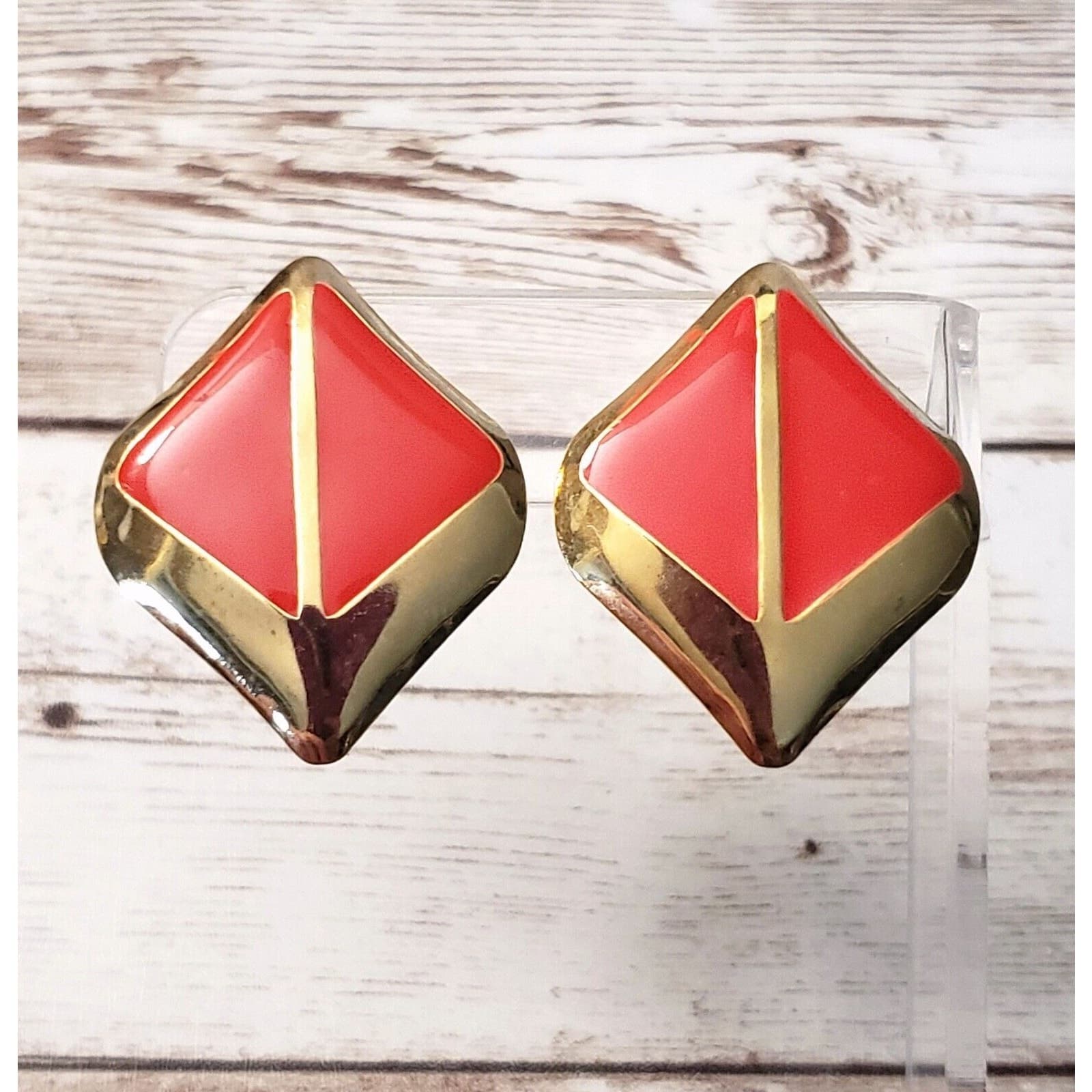 Vintage Clip On Earrings - Gold Tone & Red Statement Earrings