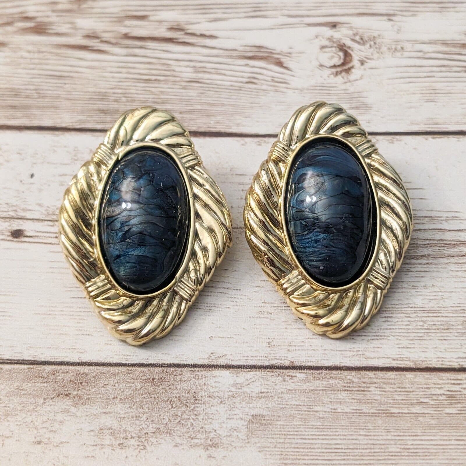 Vintage Clip On Earrings - Extra Large Dark Blue & Gold Tone Statement