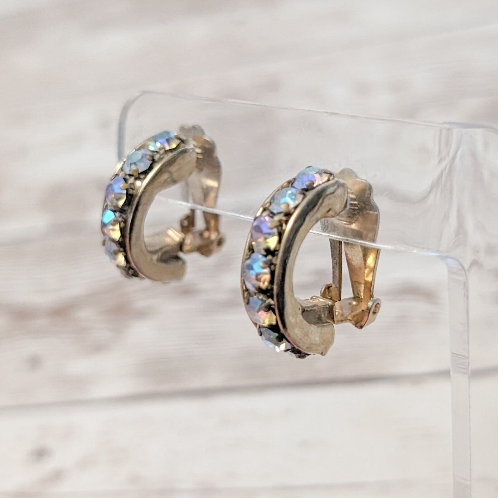 Vintage Clip On Earrings - Half Hoops Iridescent Gems 7/8"