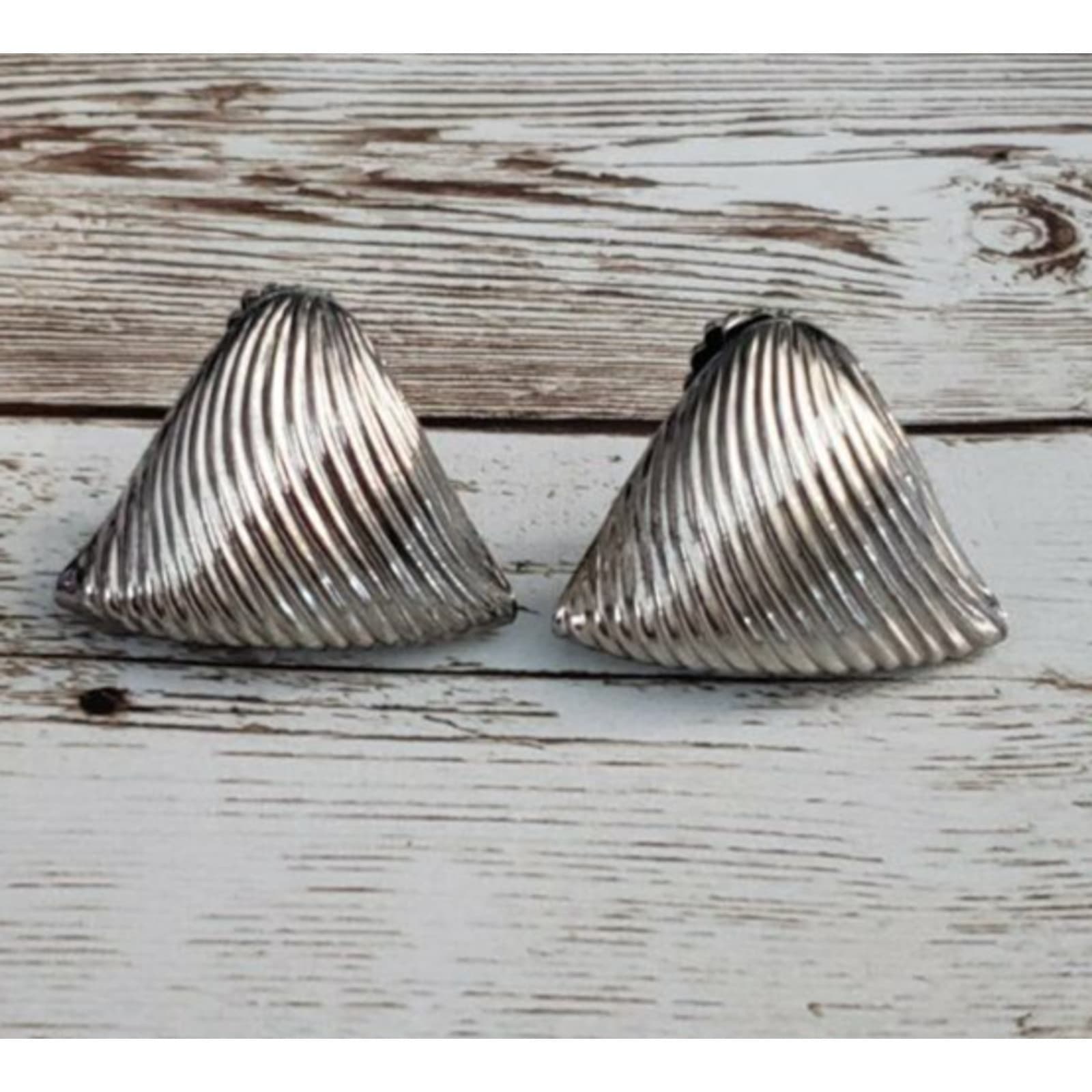 Vintage Clip On Earrings Folded Triangle Silver Tone Statement