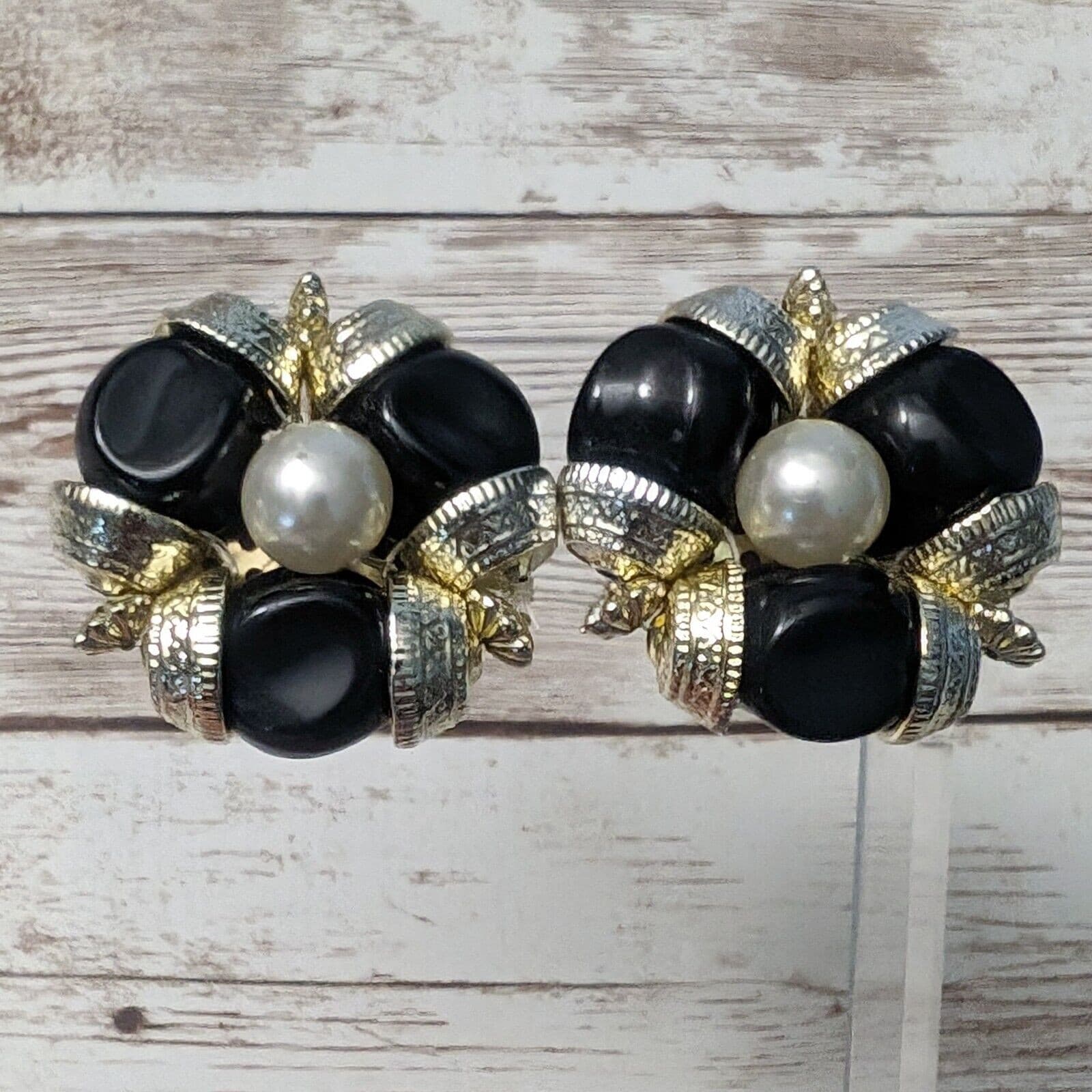 Vintage Clip On Earrings - Large Chunky Statement - Gold, Faux Pearl, Black