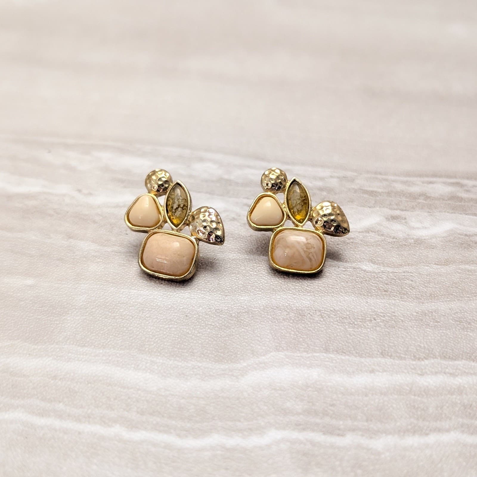 Vintage Stud Earrings Gold Tone, Dusky Yellow, Light Retro Pink