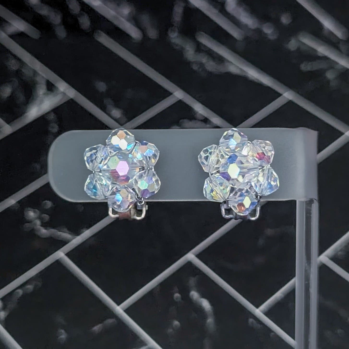 Vintage Clip On Earrings Aurora Borealis Bead Cluster Style