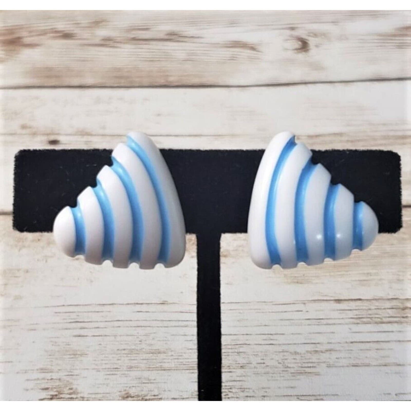 Vintage Clip On Earrings - Triangular Shape White & Blue Striped