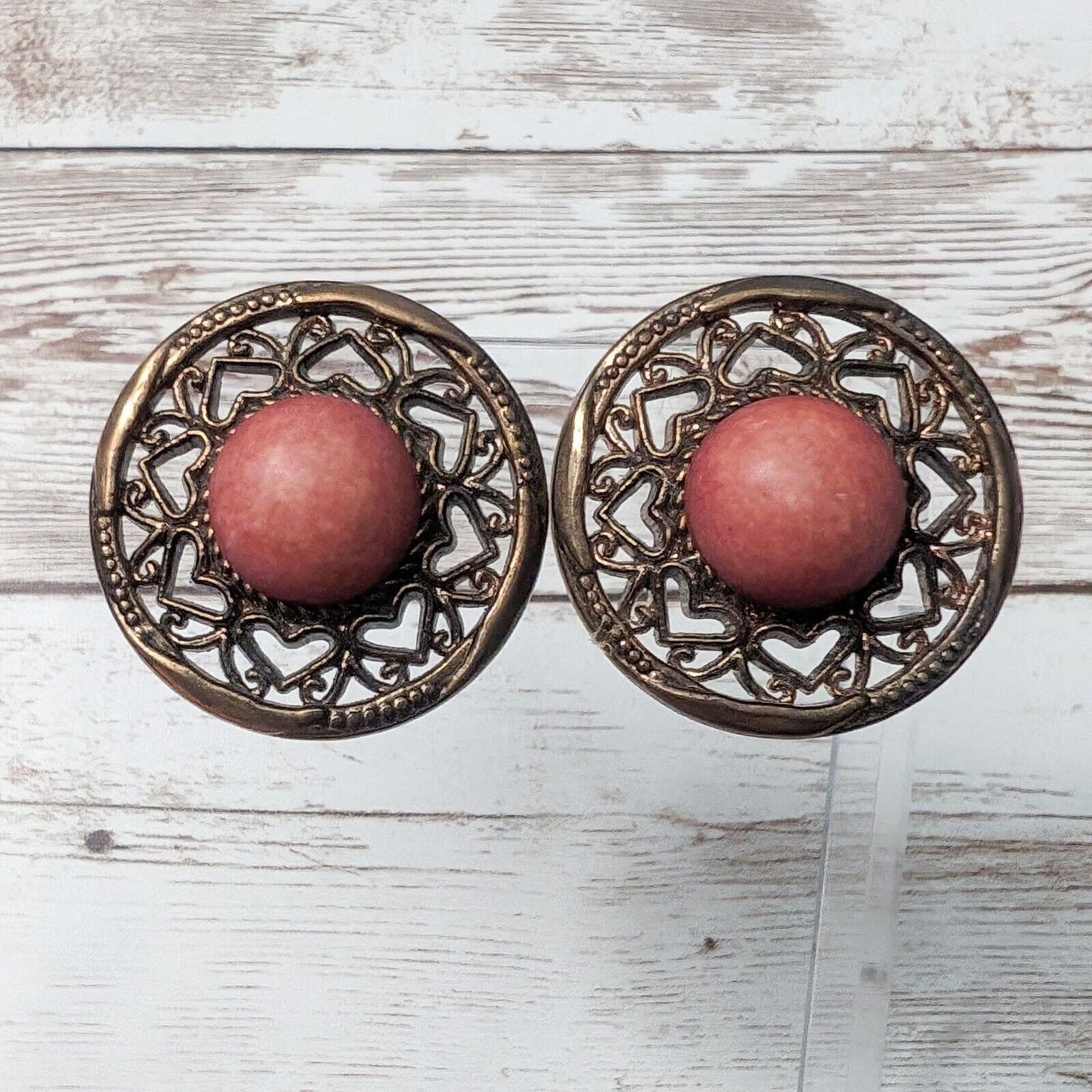 Vintage Clip On Earrings - Statement Earrings Dark Coral Tone Center Large