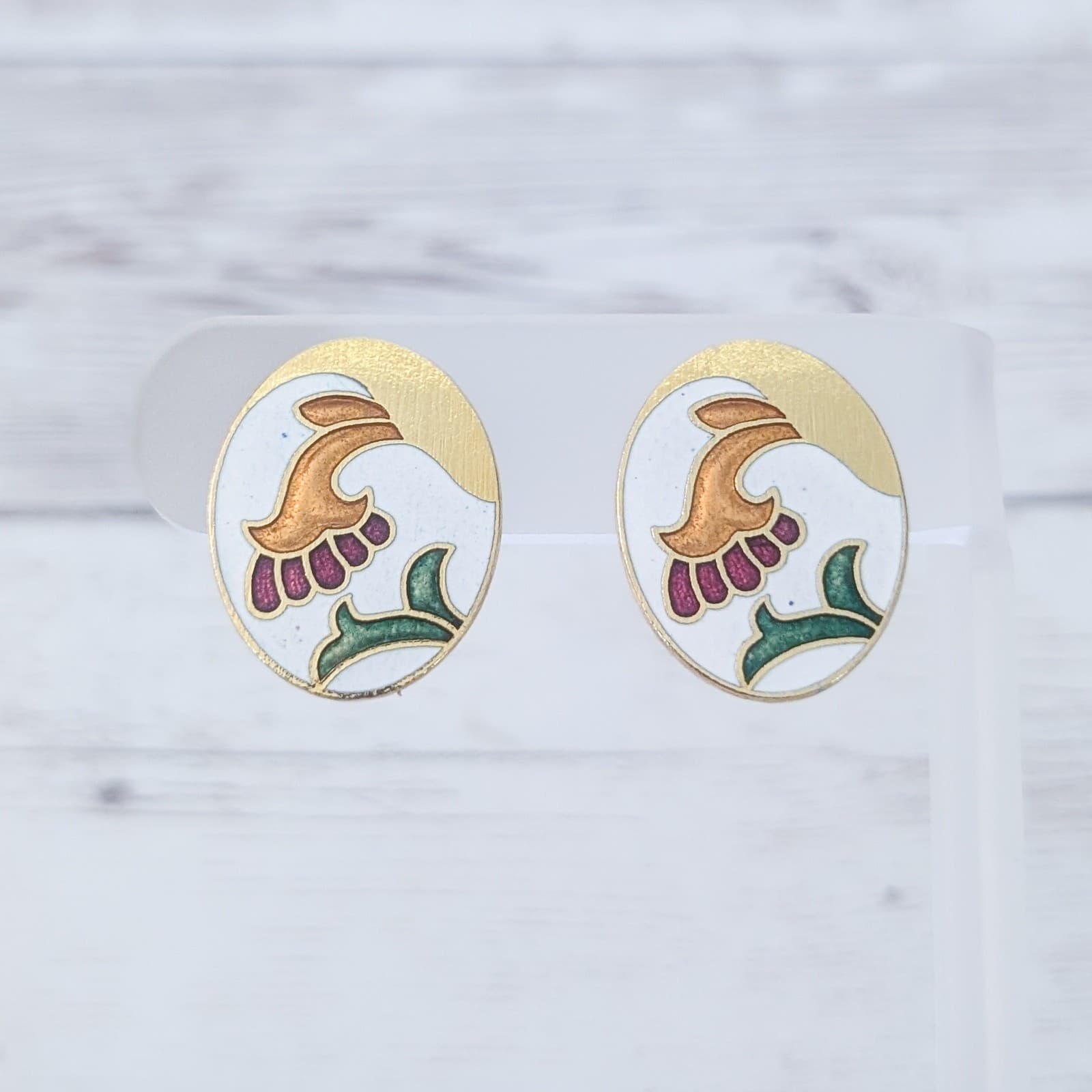 Vintage Clip On Earrings Cloisonné Oval 1"