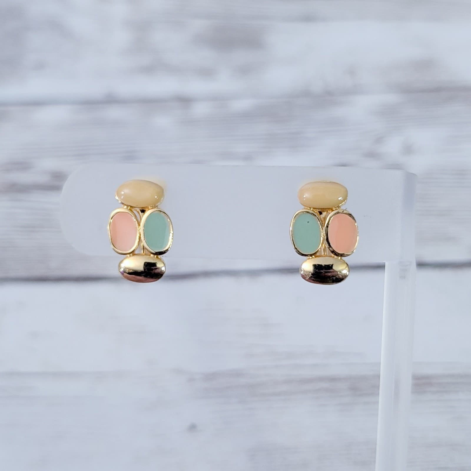 Vintage Clip On Earrings Dainty Gold Tone, Light Orange, Light Green