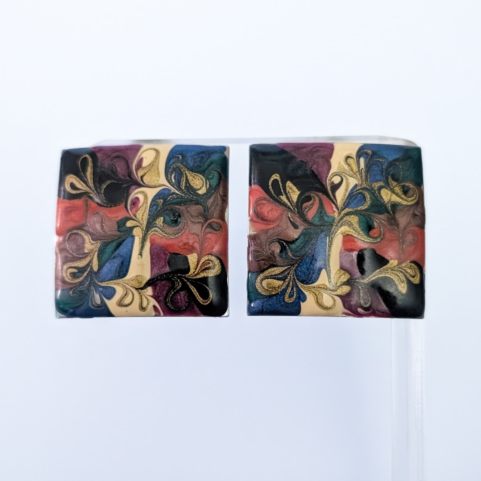 Vintage Clip On Earrings Enamel Large Square Multi Tone Statement