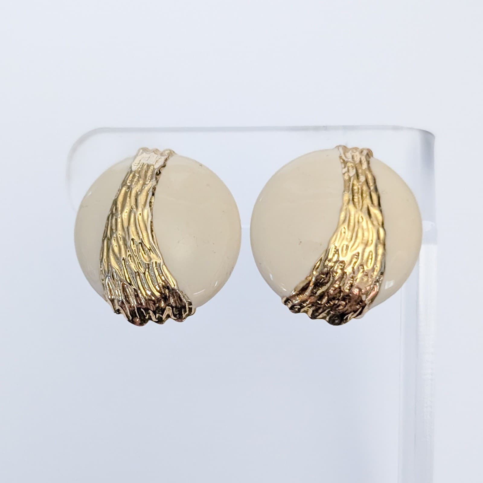 Vintage Clip On Earrings Statement Large Cream & Gold Tone Circle 1 & 1/8"