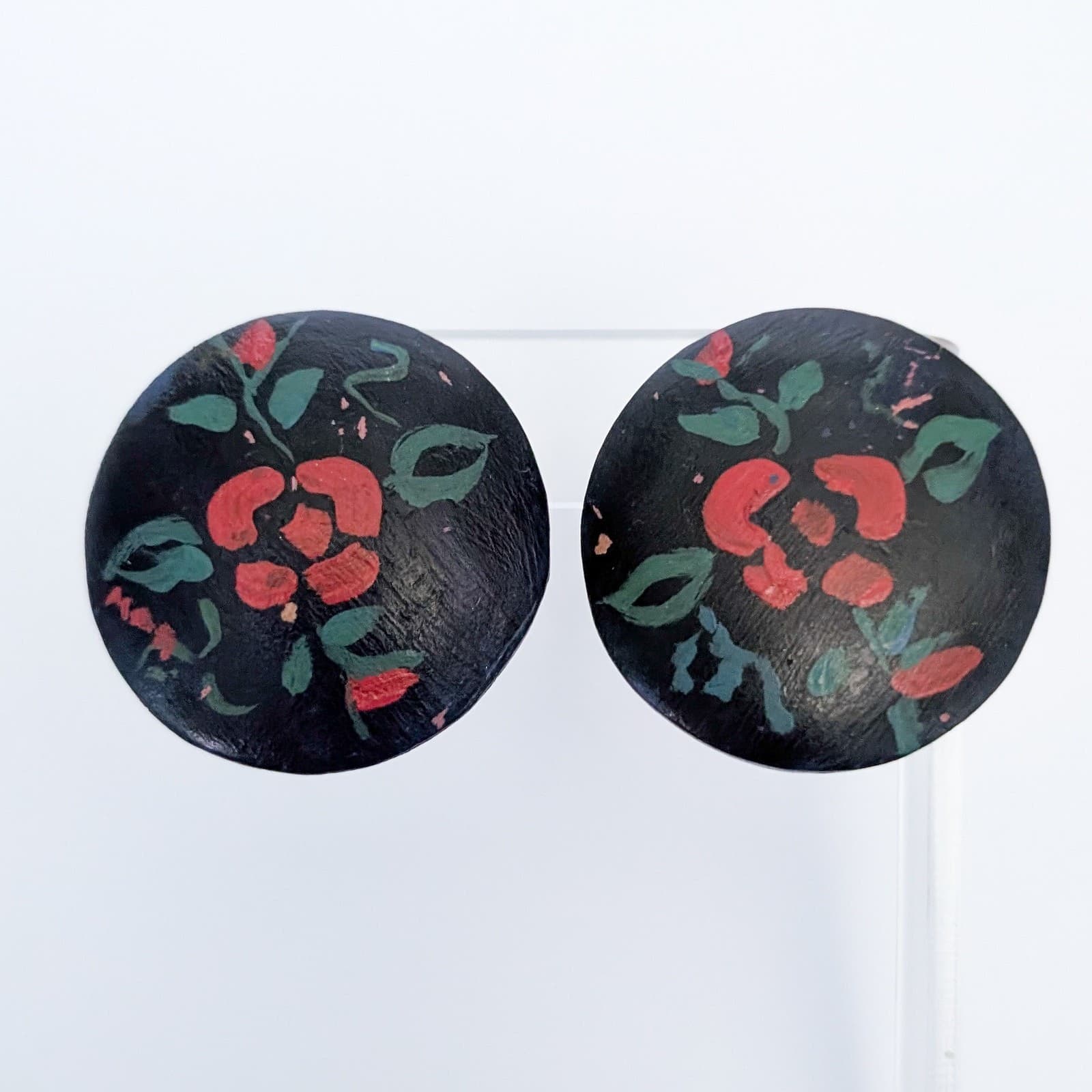 Vintage Clip On Earrings Very Large 1.5" Painted Red Flower Dark Blue