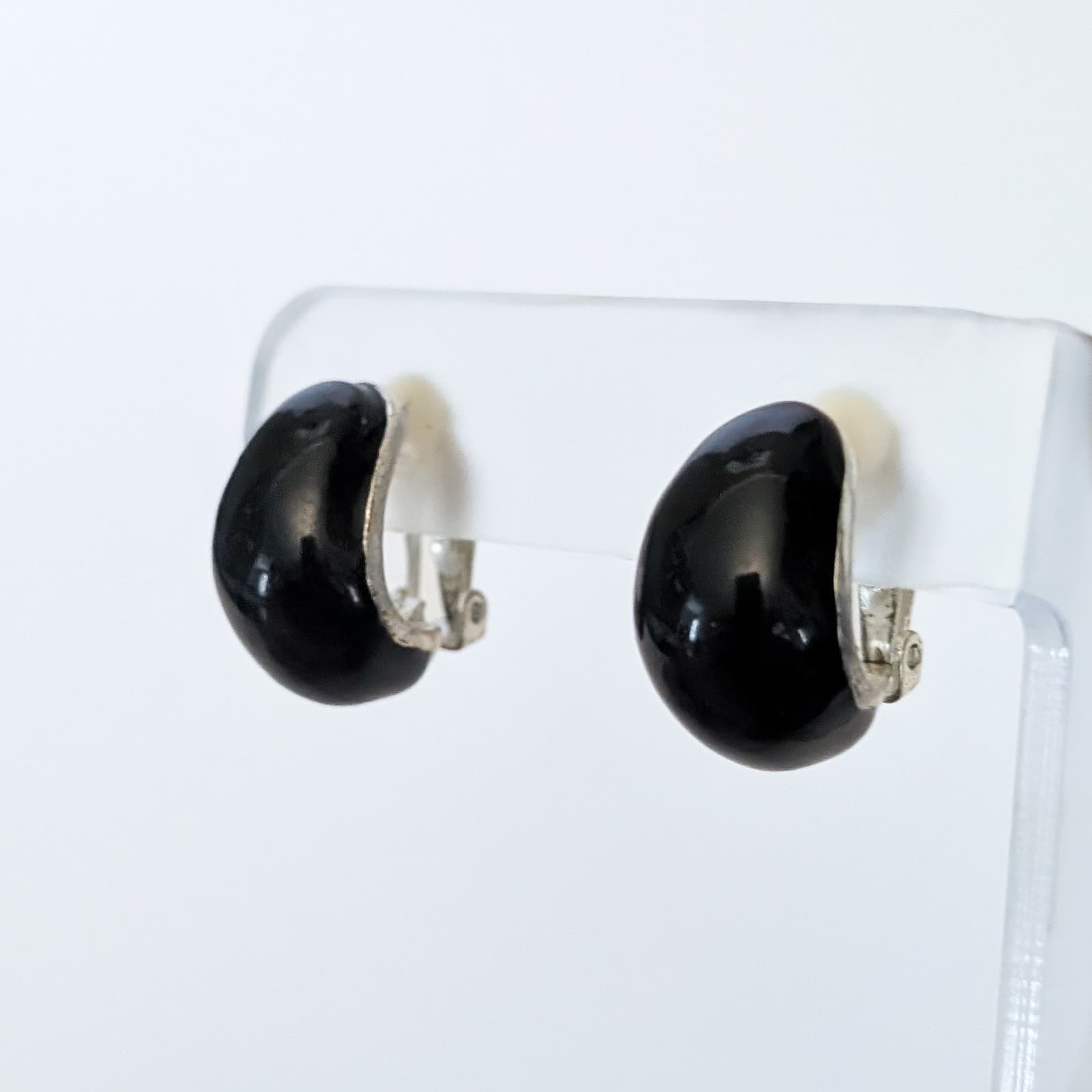 Vintage Clip On Earrings Chunky Black Enamel & Silver Tone Statement
