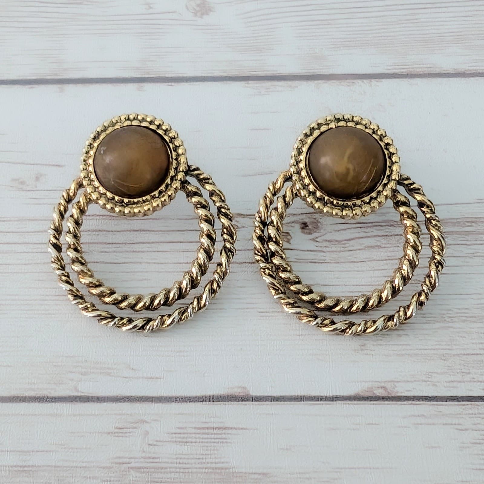 Vintage Stud Earrings Dusky Brown & Gold Tone Stylish Statement
