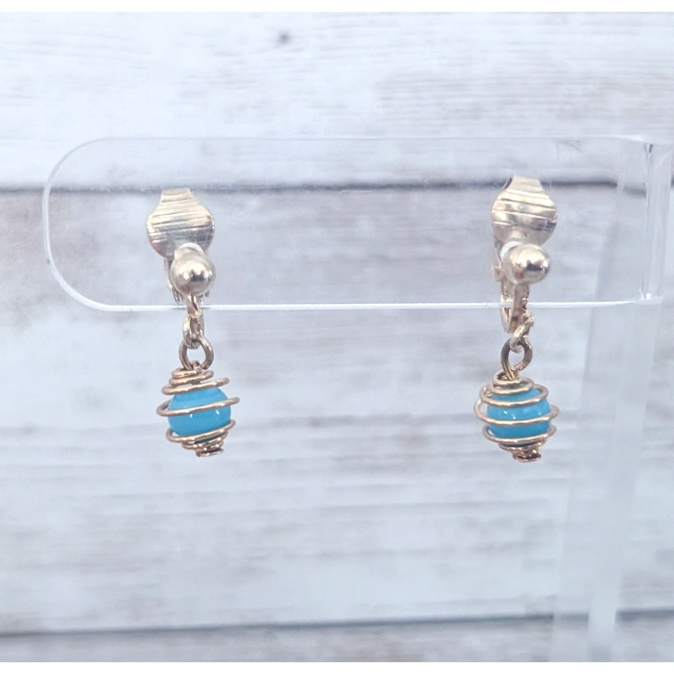 Vintage Clip On Earrings Dainty Light Blue & Gold Tone Dangle