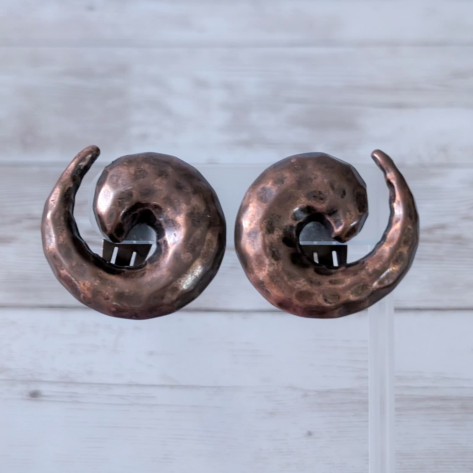 Vintage Clip On Earrings Very Large Brown Statement Metal 1 & 3/8" Oversized