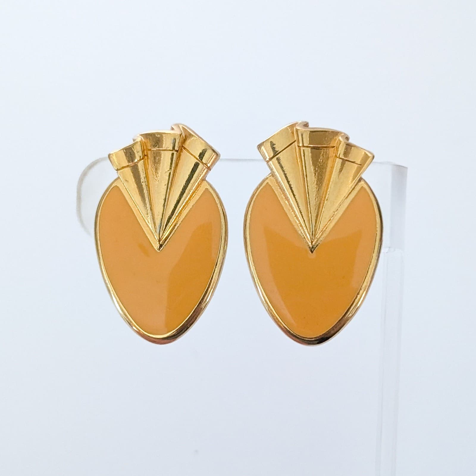 Vintage Avon Clip On Earrings Pleated Fanfare Yellow Enamel & Gold Tone