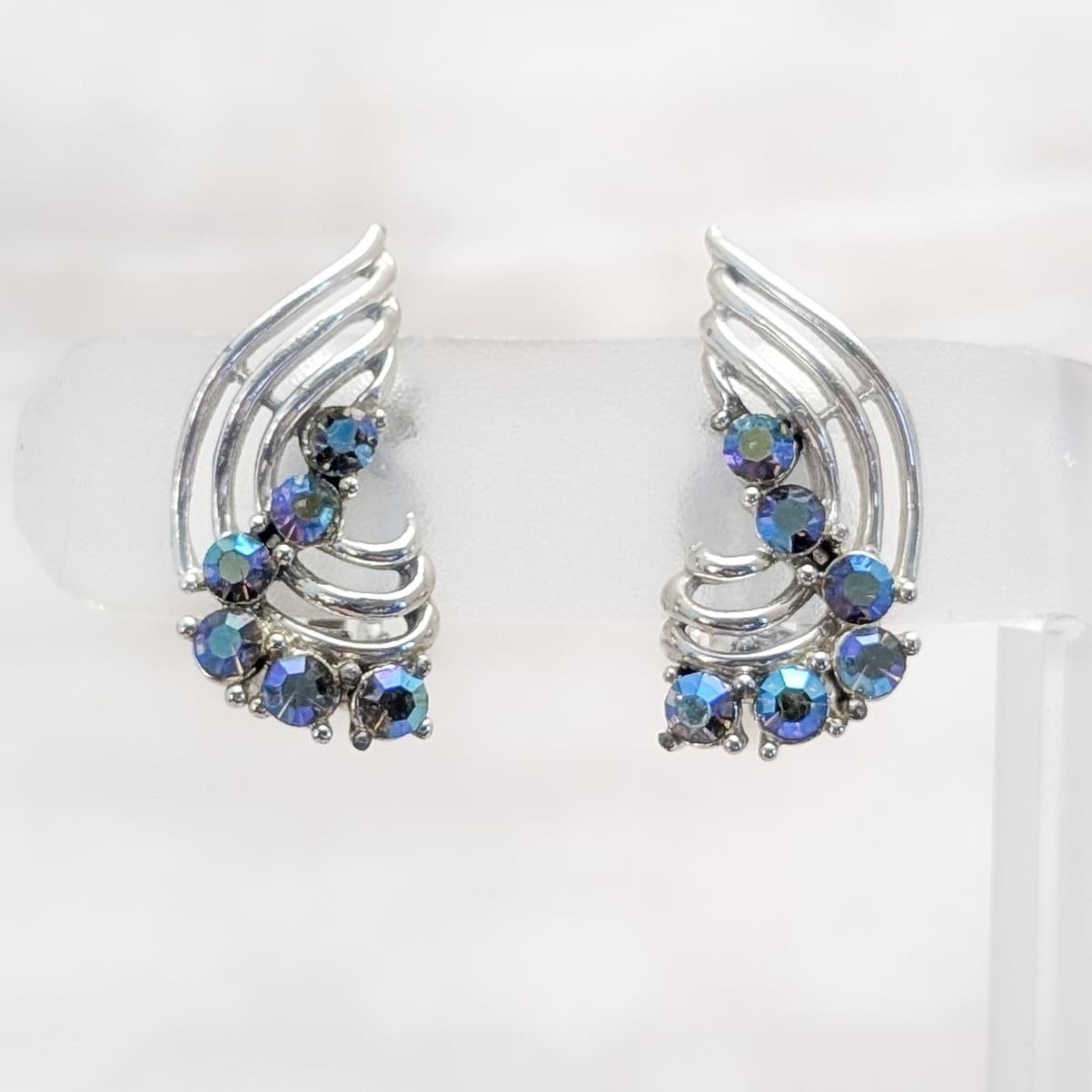 Vintage Clip On Earrings Silver Tone with Blue Iridescent Gems - Stamped Star