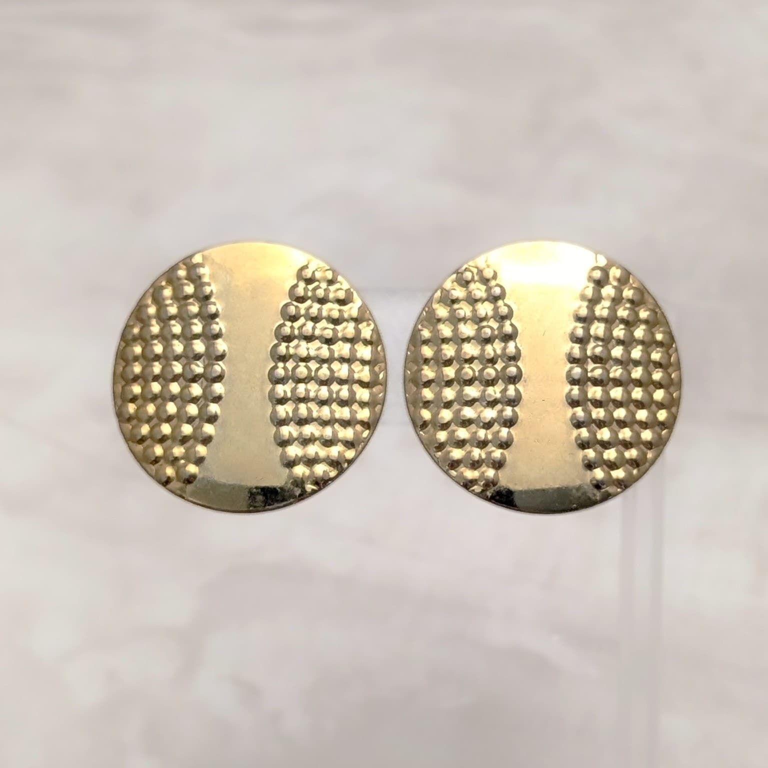 Vintage Clip On Earrings 1.25" Slightly Curved Gold Tone Textured Dotted Pattern