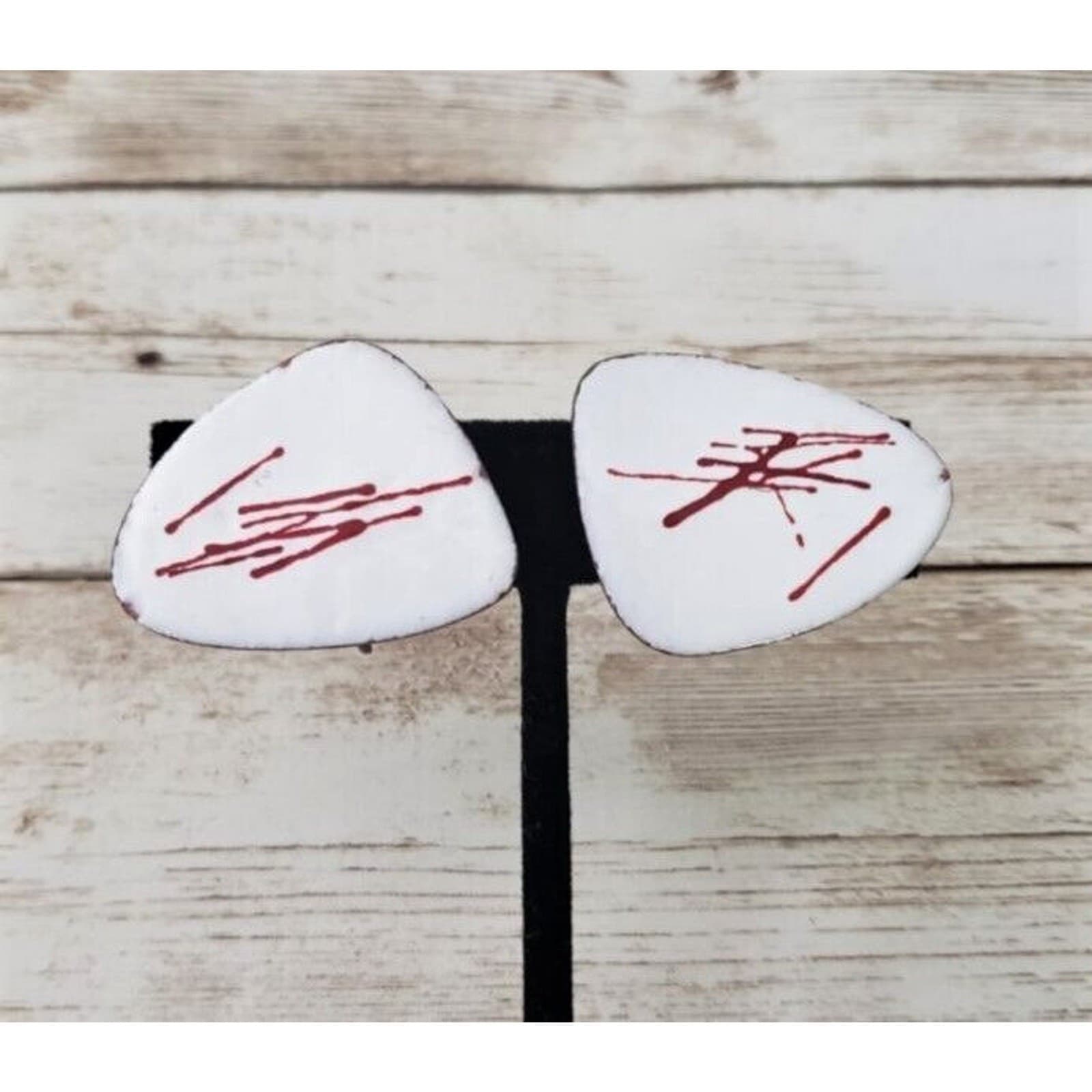 Vintage Clip On Earrings - Artsy White with Red Lines
