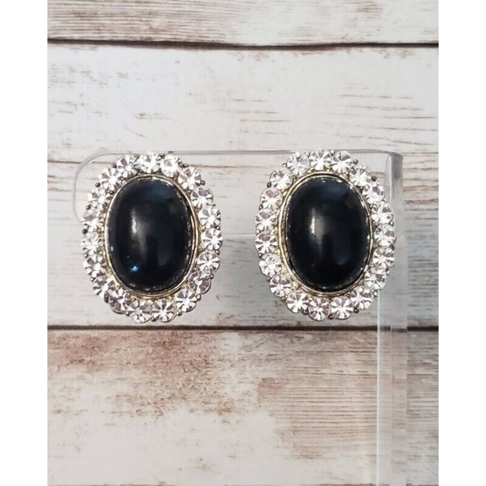 Vintage Clip On Earrings- Large Black Center with Clear Gem Halo Statement