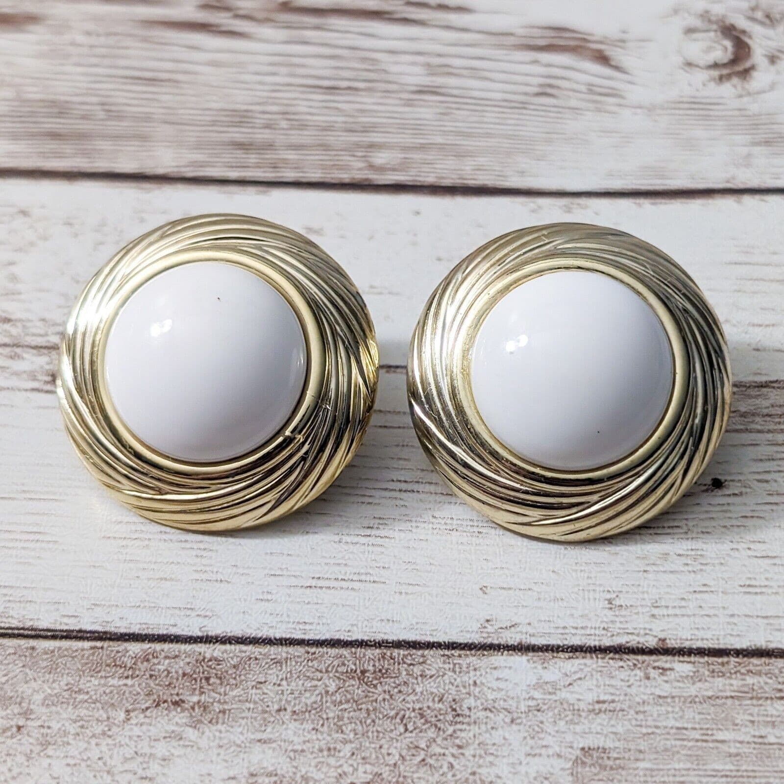 Vintage Clip On Earrings - Just Over 1.25" Gold Tone & White Circle