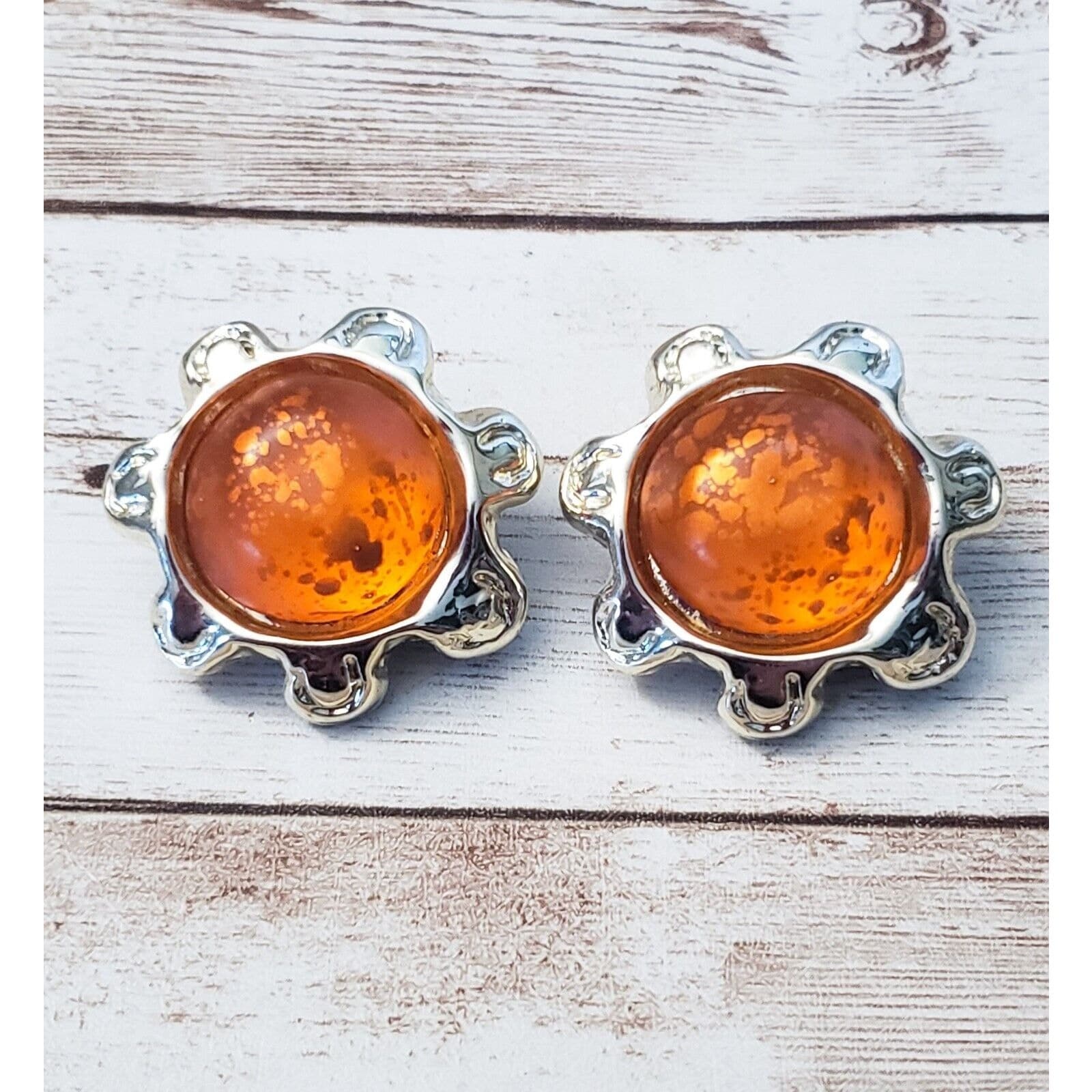 Vintage Clip On Earrings - Large Statement Earrings Orange with Flower Like Halo