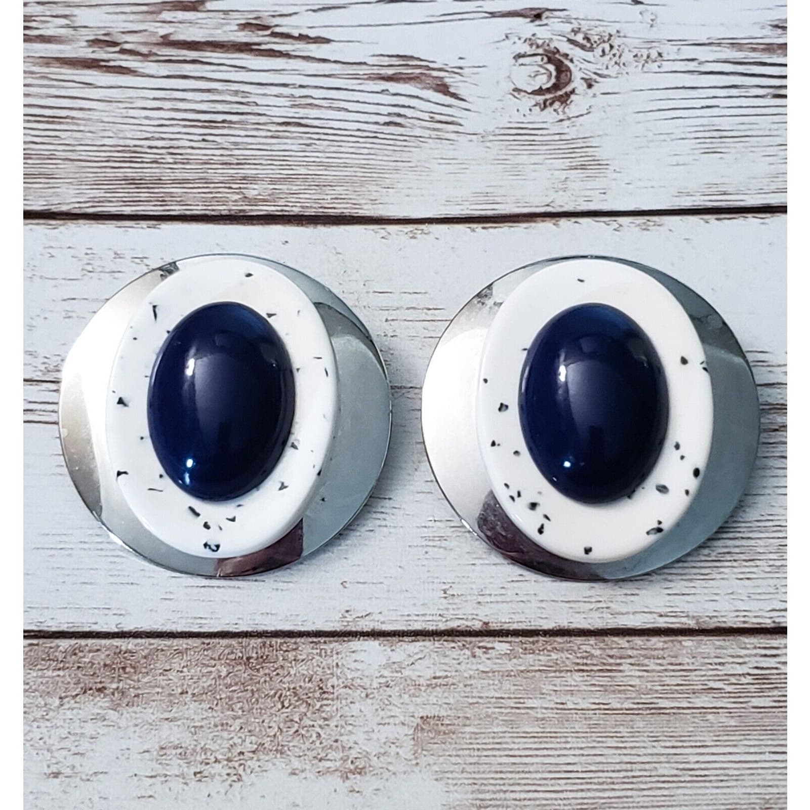 Vintage Clip On Earrings - Statement Silver Tone, Blue, White Extra Large