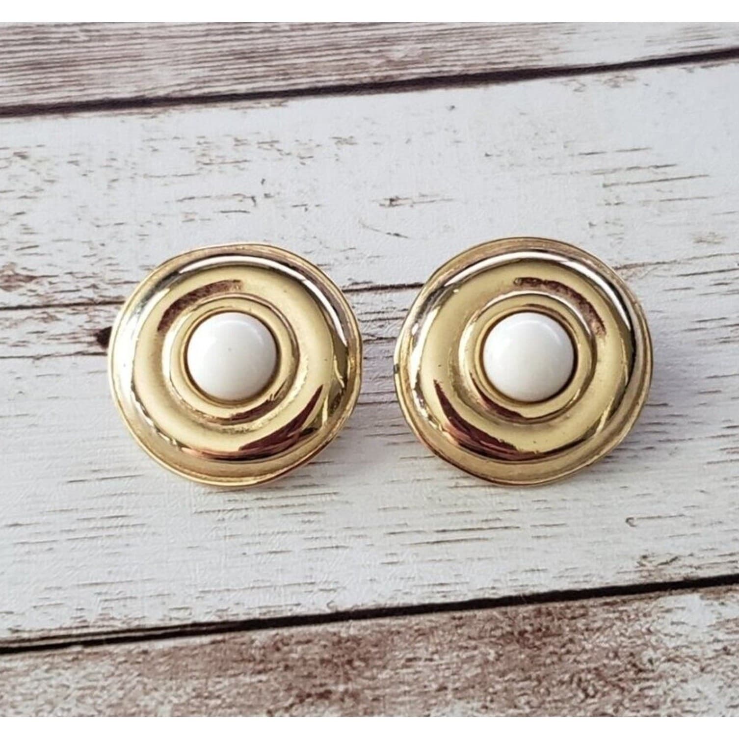 Vintage Clip On Earrings Large Gold Tone with White Center Statement