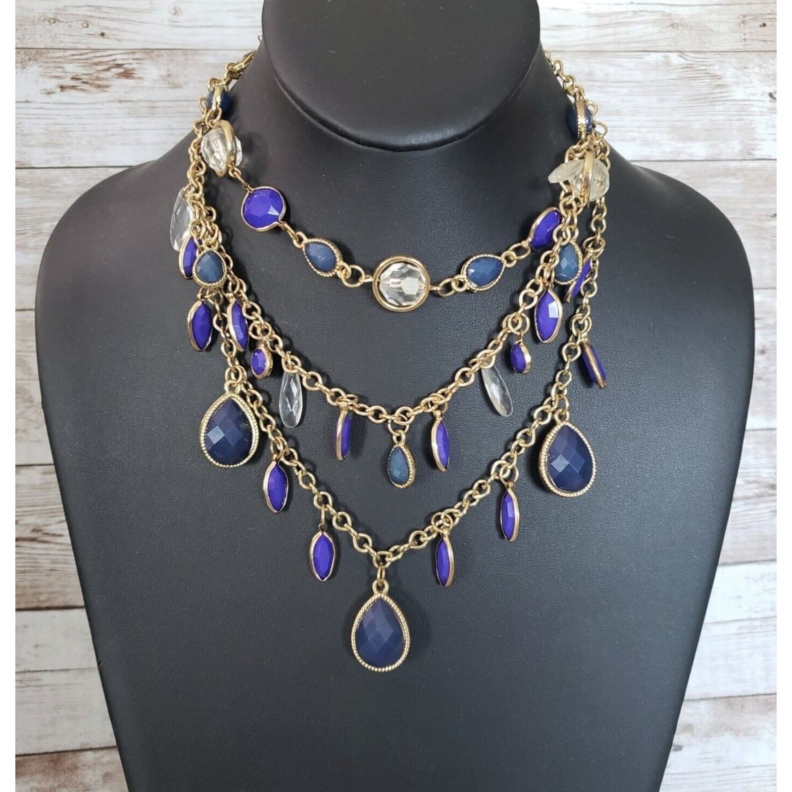 Vintage Necklace 3 Tier Blue and Clear Gems Statement Necklace