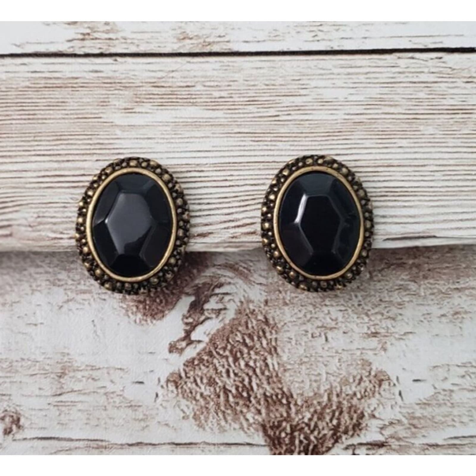 Vintage Clip On Earrings Black Faceted Gem with Ornate Halo