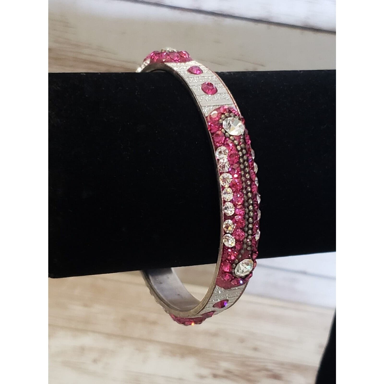 Vintage Bracelet / Bangle Pink & Silver Tone with Clear Gems