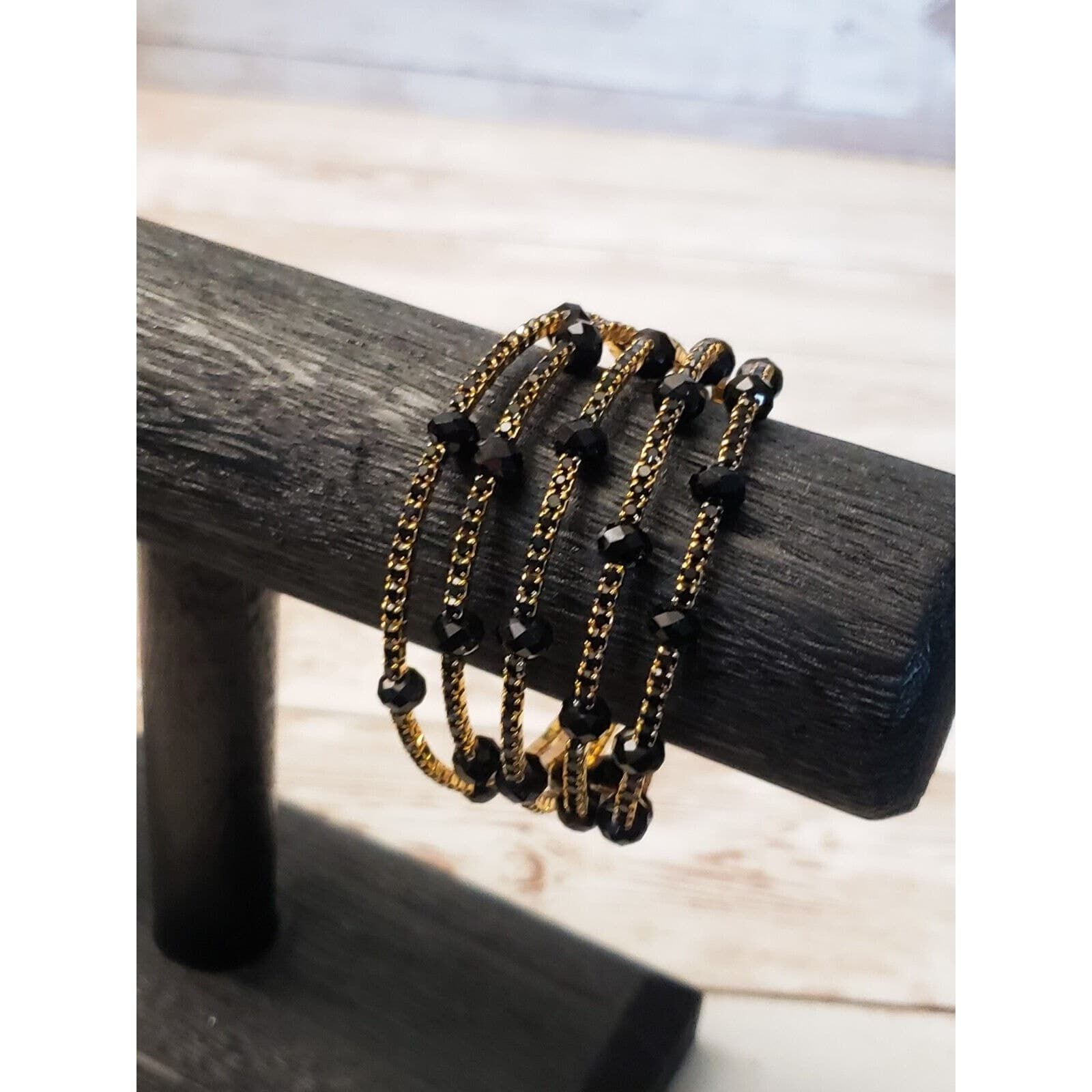 Vintage Cuff Bracelet Gold Tone with Black Gems and Beads