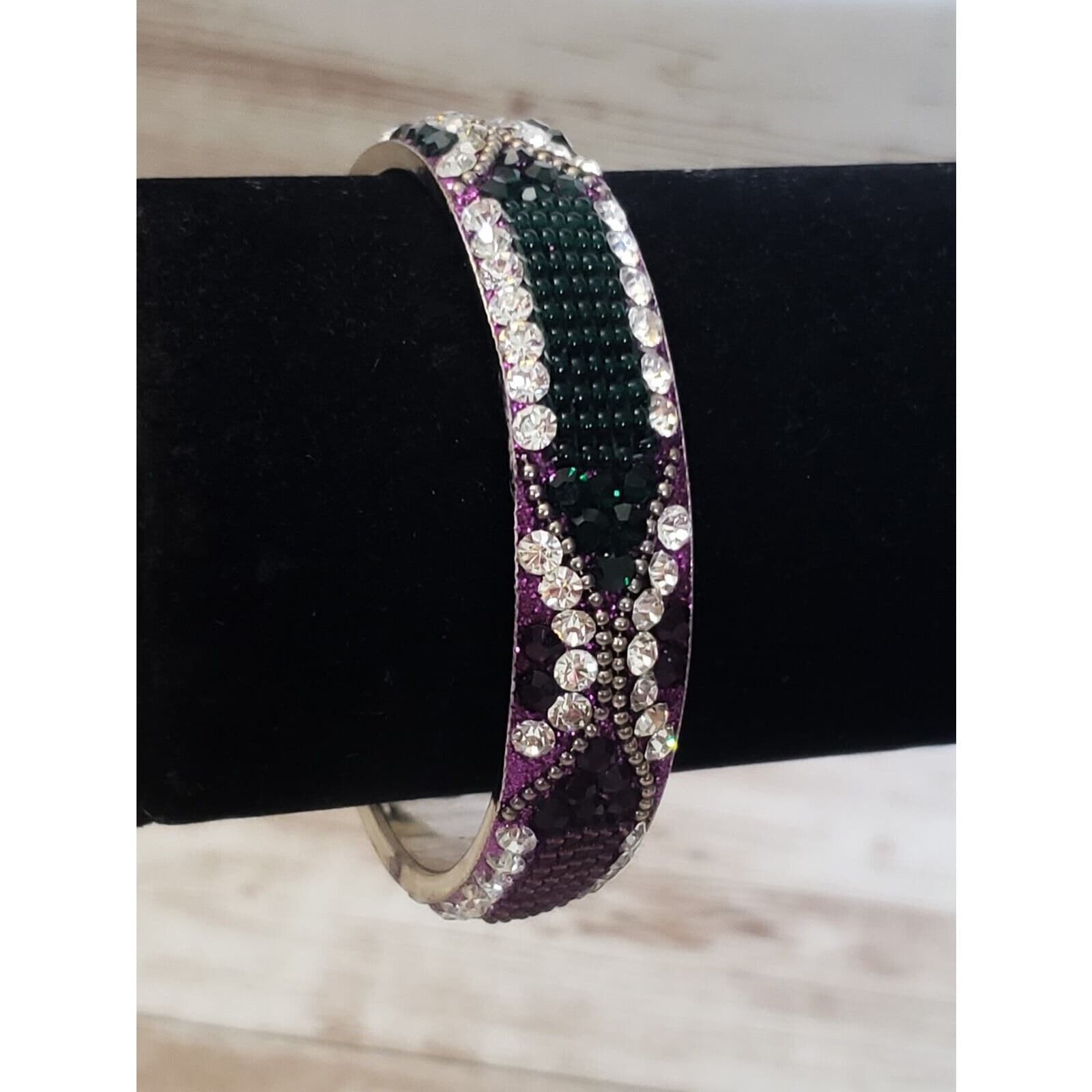 Vintage Bracelet / Bangle Purple & Green Tones with Clear Gems 7"