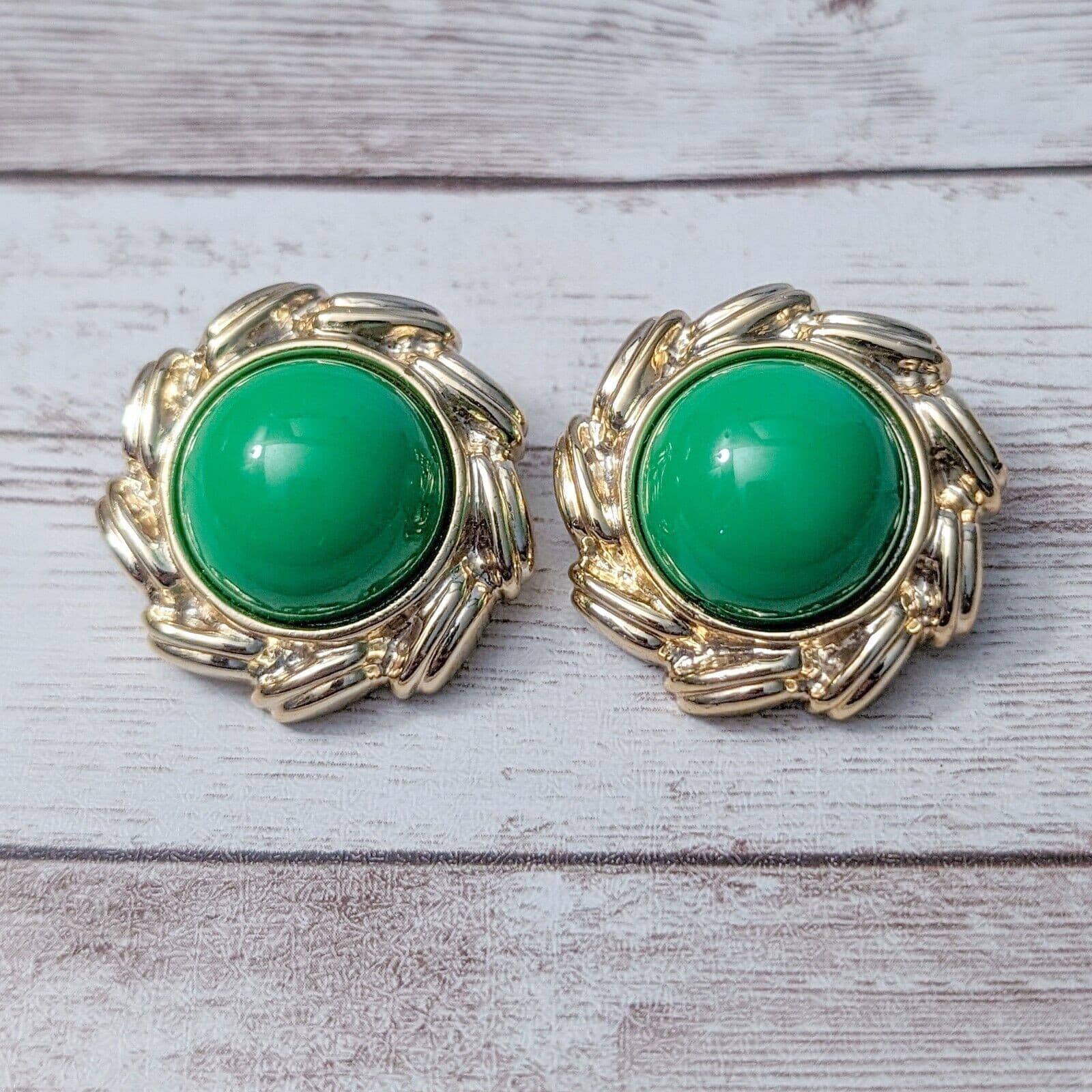 Vintage Clip On Earrings Domed Green Center Statement Halo Large