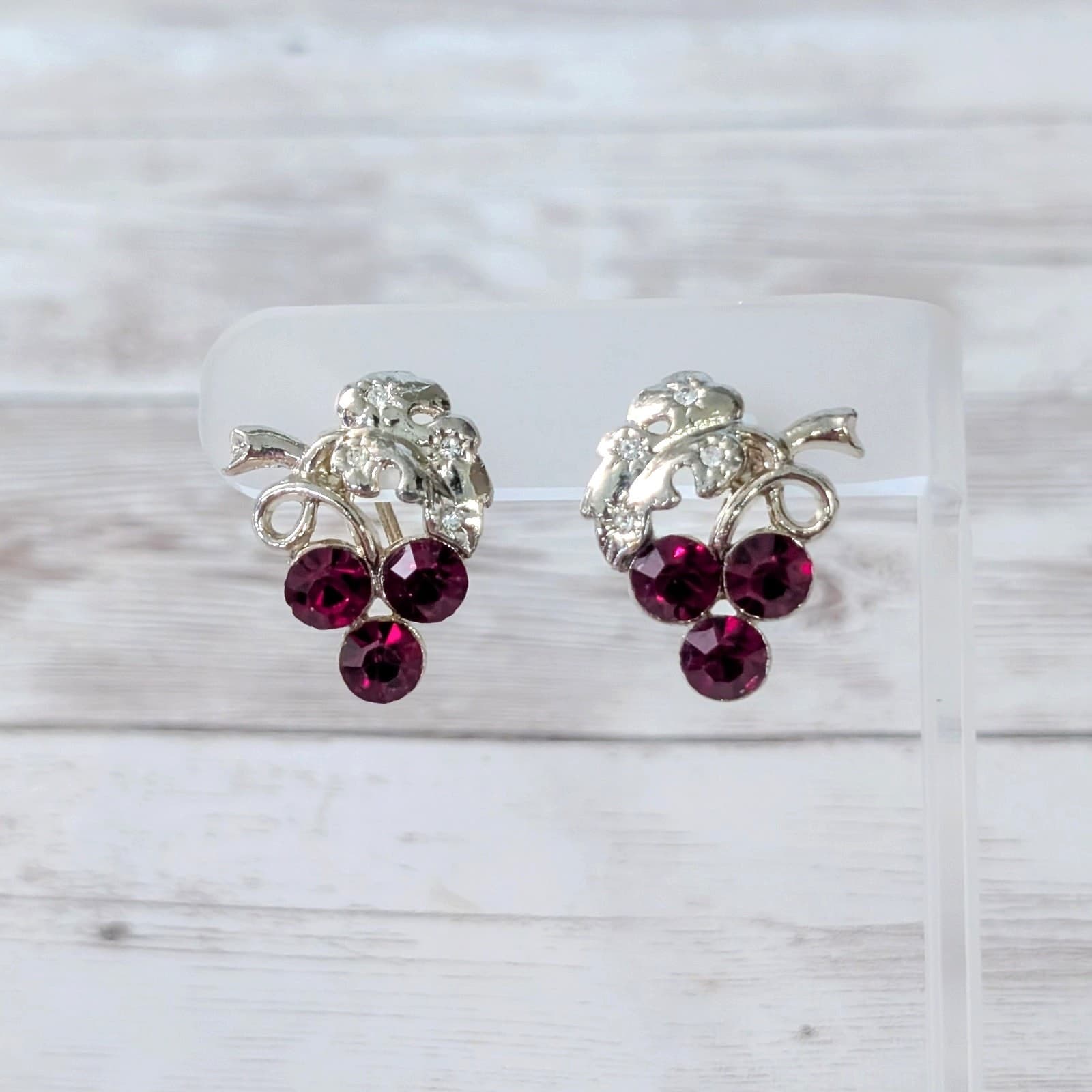 Vintage Screw Back Earrings - Gold Tone with Red & Clear Gems Statement