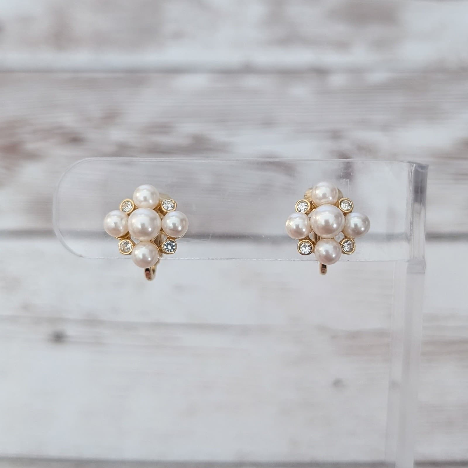 Vintage Clip On Earrings Quad of Faux Pearls & Clear Gems Dainty