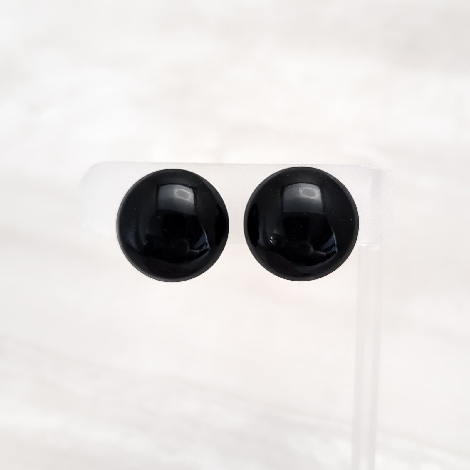 Vintage Clip On Earrings 7/8" Black Domed Circle Statement Retro Earrings