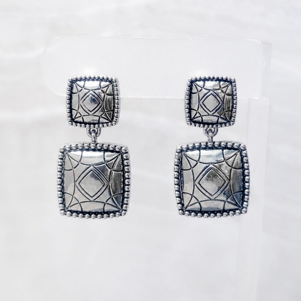 Vintage Clip On Earrings Large Silver Tone Dangle Drop with Black Design